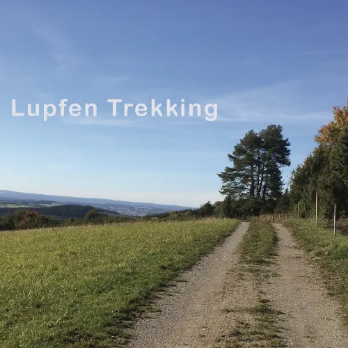 Wanderweg unterhalb des Hohenlupfens mit Blick über die Baarhochebene bei der Alpakawanderung "Lupfen-Trekking" in Durchhausen bei Tuttlingen